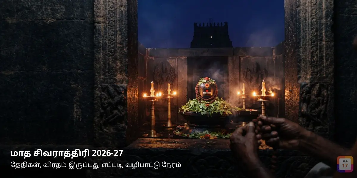 மாத சிவராத்திரி 2026-27: தேதிகள், விரதம் இருப்பது எப்படி, வழிபாட்டு நேரம் — இரவில் வில்வமும் விளக்குகளும் சூழ்ந்த சிவலிங்கம்