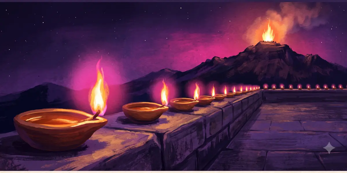 கார்த்திகை தீபம்: கல் திண்ணையில் வரிசையாக அகல் விளக்குகள், தொலைவில் மலை உச்சித் தீபம்