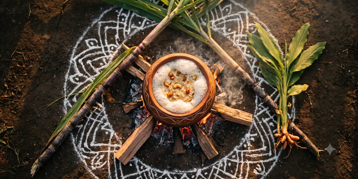 பொங்கல்: கோலத்தின் நடுவே பொங்கி வழியும் பொங்கல் பானை, கரும்பு, மஞ்சள் கொத்து