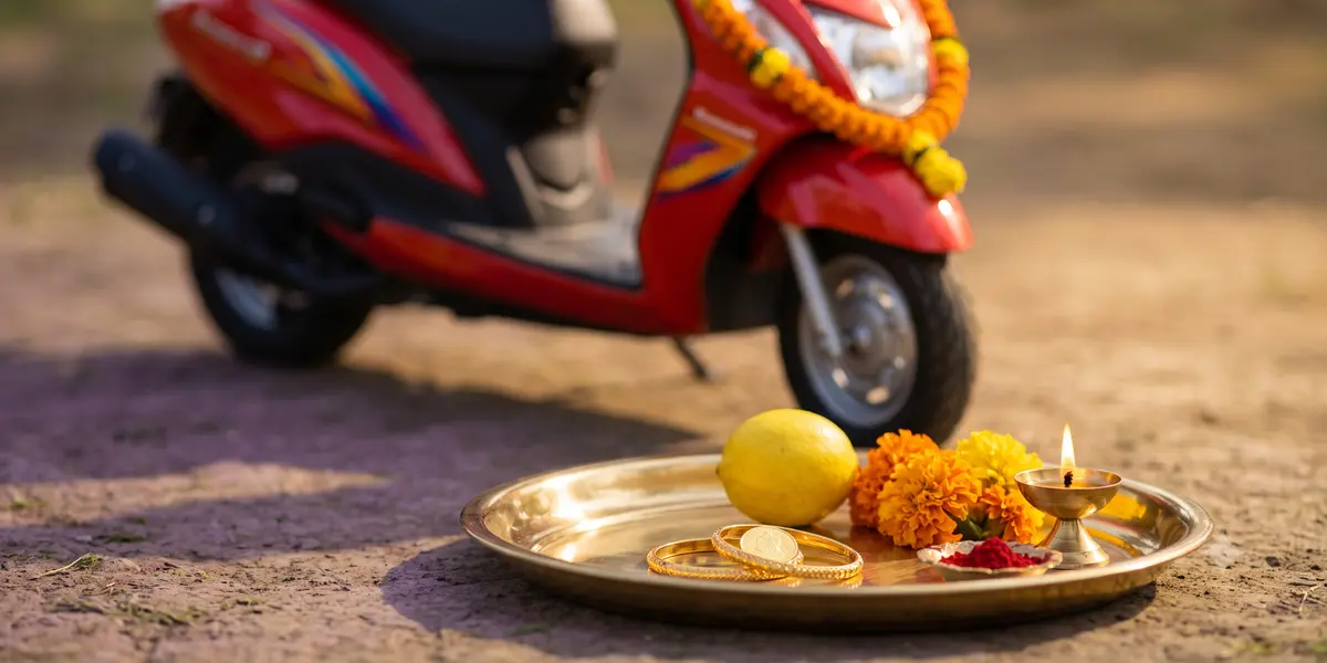 தங்கம், வாகனம் வாங்குதல்: பூஜைத் தட்டில் தங்கக் காசு, வளையல்கள், எலுமிச்சை