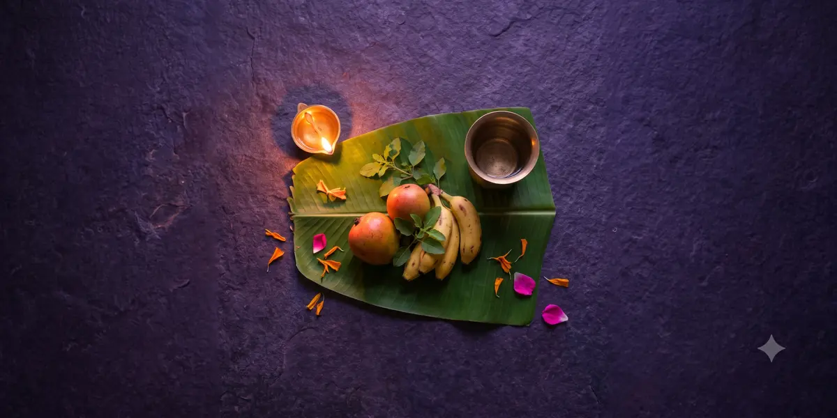 விரதம்: வாழை இலையில் பழங்கள், துளசி, தண்ணீர், விளக்கு